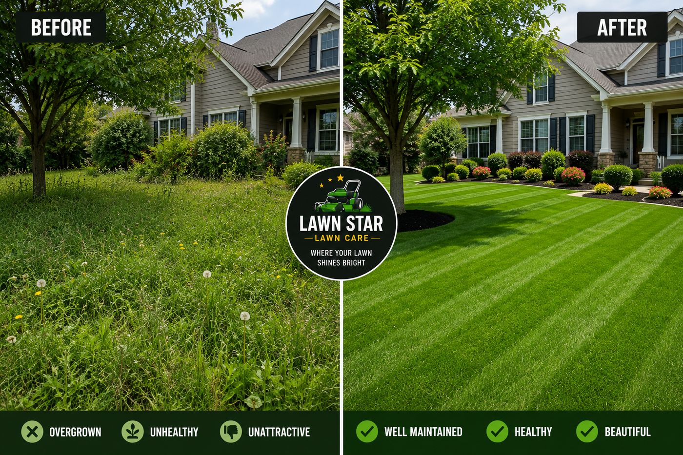 Before and after comparison of an overgrown lawn transformed into a well-maintained striped lawn