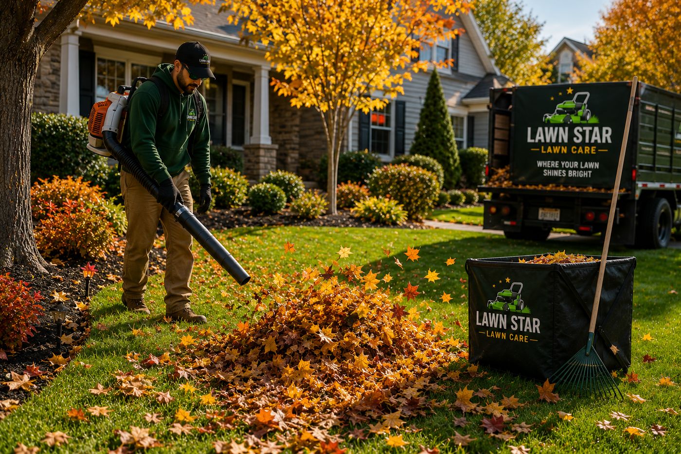 Crew member blowing fall leaves off a front yard
