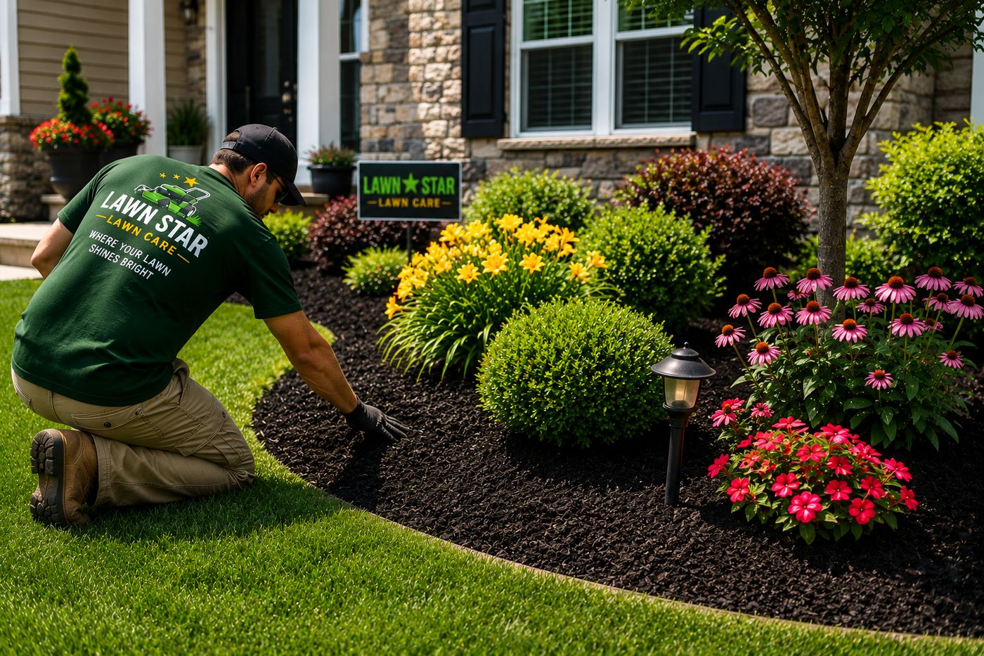 Crew member carefully edging a garden bed
