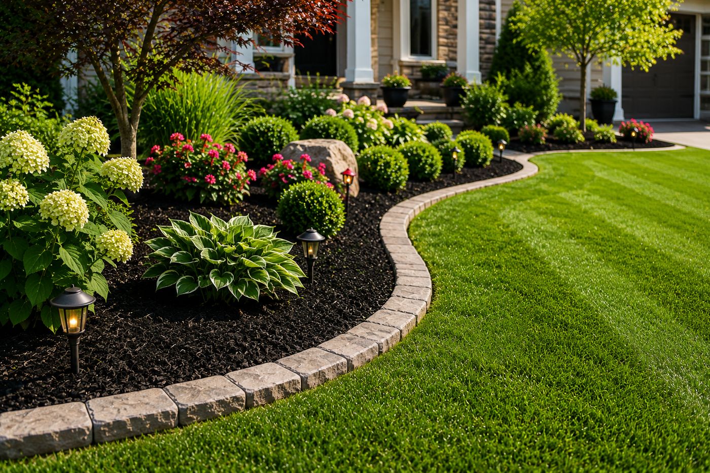 Landscaped garden bed with mulch and flowering shrubs