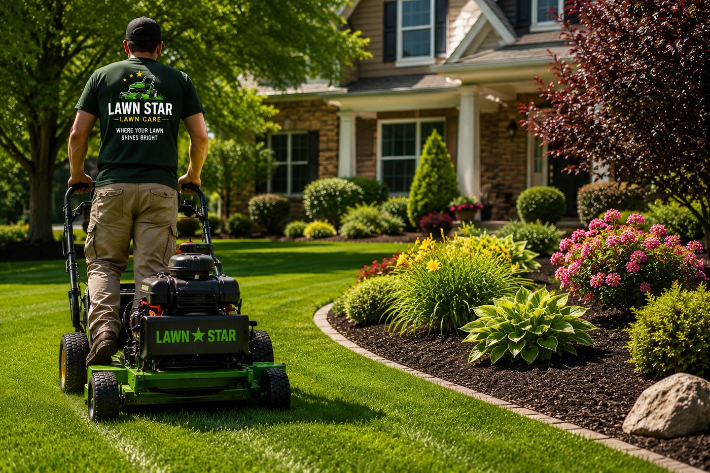 Zero-turn mower cutting a striped lawn